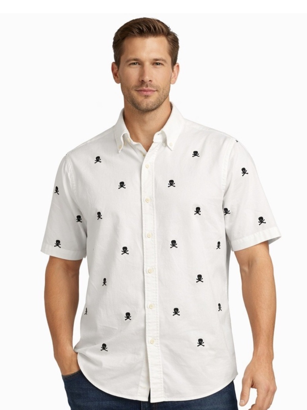 Ralph Lauren White Short-Sleeve Button-Down with Black Skull Embroidery ~ XXL